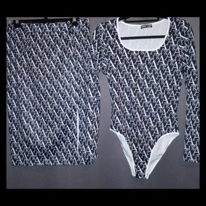 Shein Black & White Allover Letter Graphic Bodysuit and Skirt Set (Size LG)